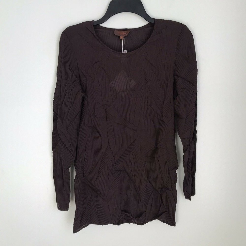 New Han Feng Brown Crinkle Long Sleeve Blouse